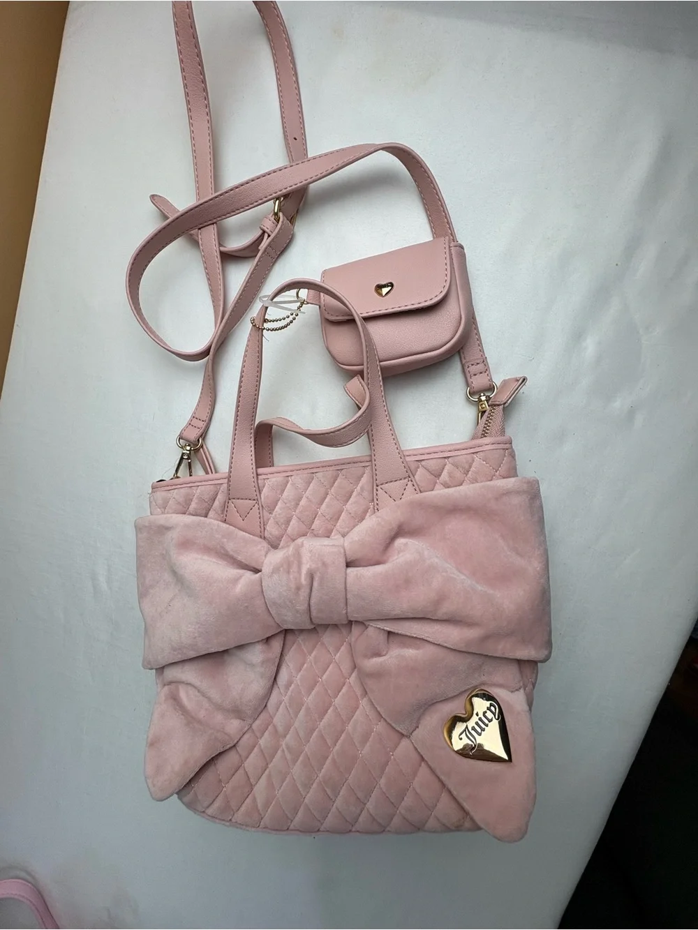 Juicy Couture Blush Pink Quilted Tote with Bow and Gold Heart Logo